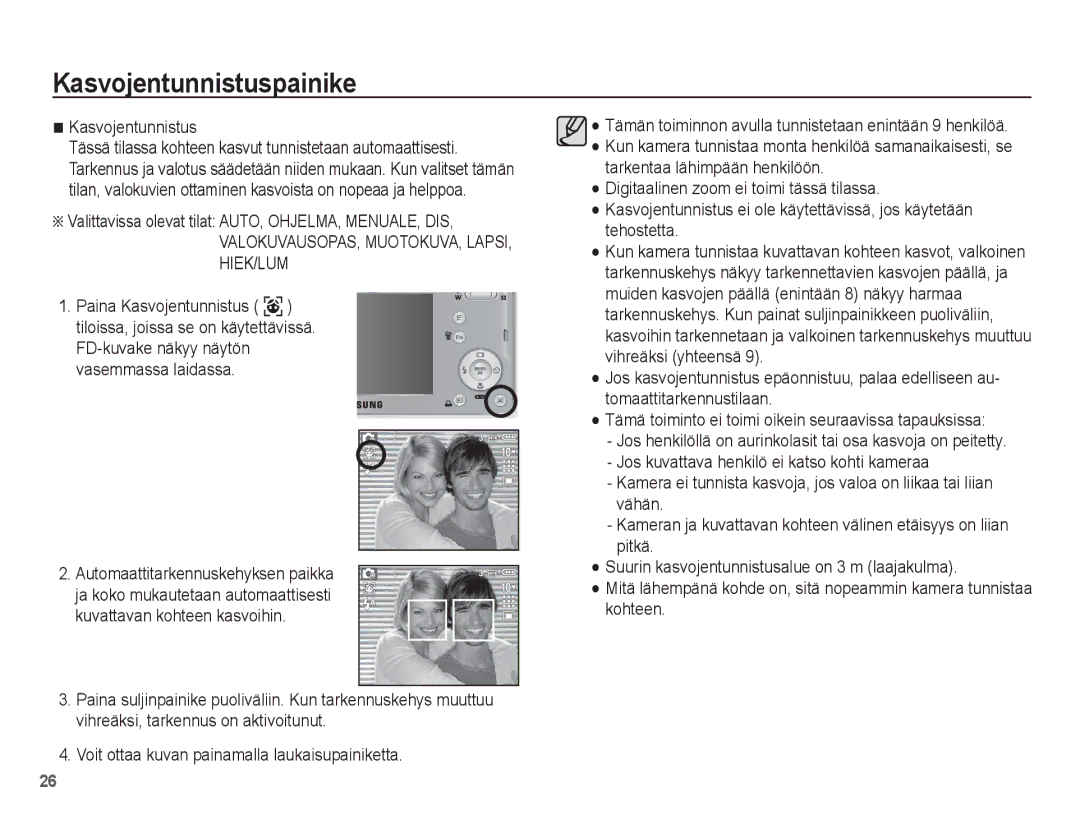 Samsung EC-L201ZSBA/E2, EC-L201ZBBA/E2 Kasvojentunnistuspainike, Valittavissa olevat tilat AUTO, OHJELMA, MENUALE, DIS 