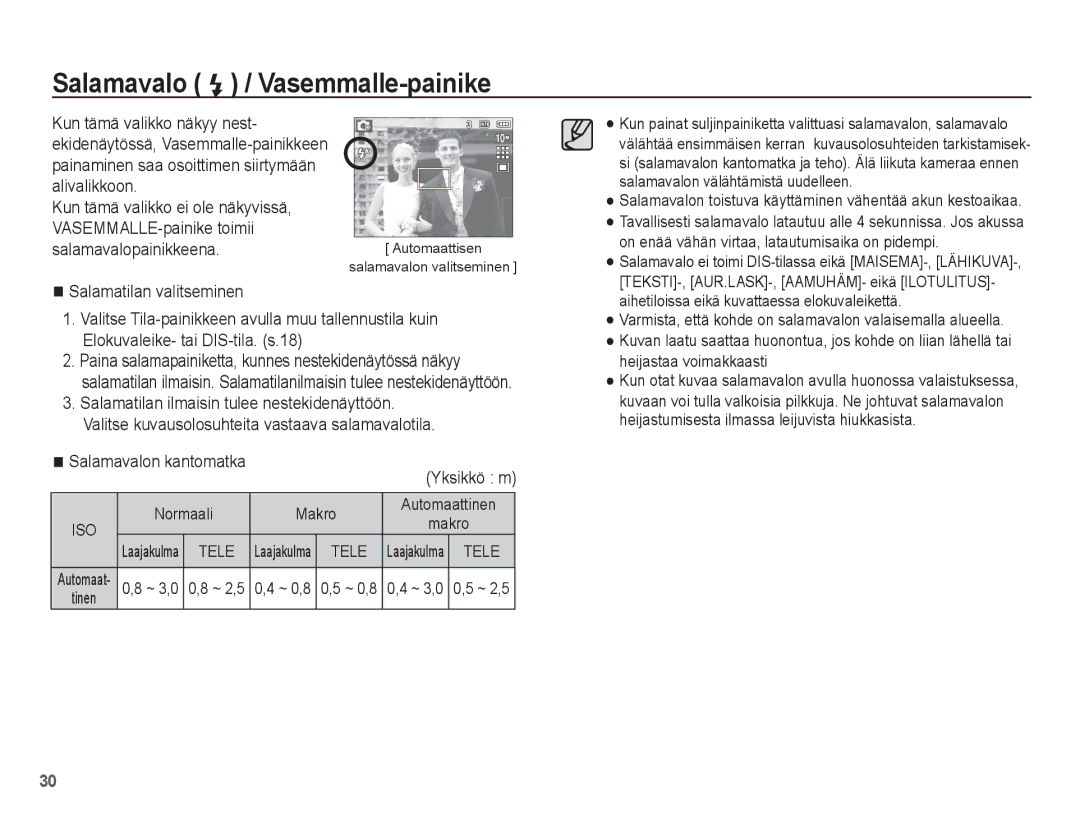 Samsung EC-L201ZPBA/E2 manual Salamavalo / Vasemmalle-painike, Kun tämä valikko näkyy nest, Salamatilan valitseminen 