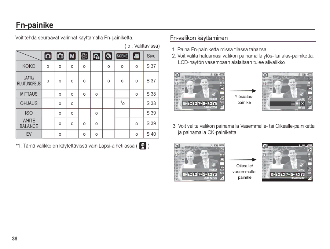 Samsung EC-L201ZSBA/E2 manual ‰ ÿ, Fn-valikon käyttäminen, Paina Fn-painiketta missä tilassa tahansa, ³ † Sivu 