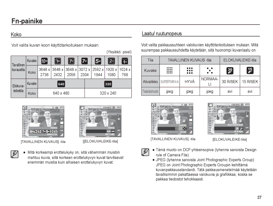 Samsung EC-L201ZEBA/E2, EC-L201ZBBA/E2 manual Koko, Laatu/ ruutunopeus, Voit valita kuvan koon käyttötarkoituksen mukaan 