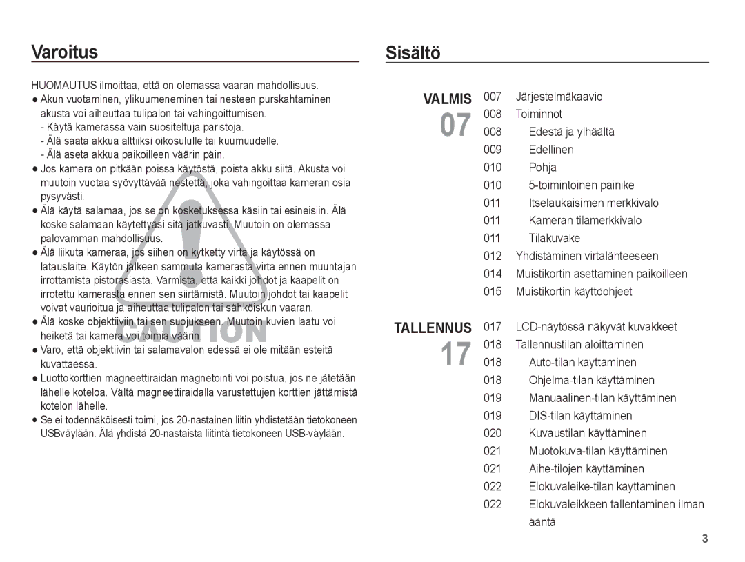 Samsung EC-L201ZUBA/E2, EC-L201ZBBA/E2 Sisältö, Muistikortin käyttöohjeet, Ääntä, Muistikortin asettaminen paikoilleen 