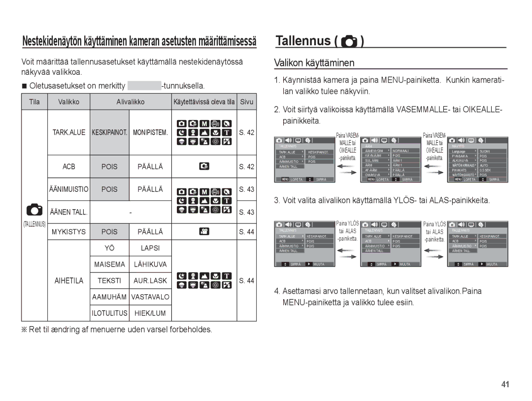 Samsung EC-L201ZSBA/E2 Tallennus, Valikon käyttäminen, Ret til ændring af menuerne uden varsel forbeholdes, Alivalikko 