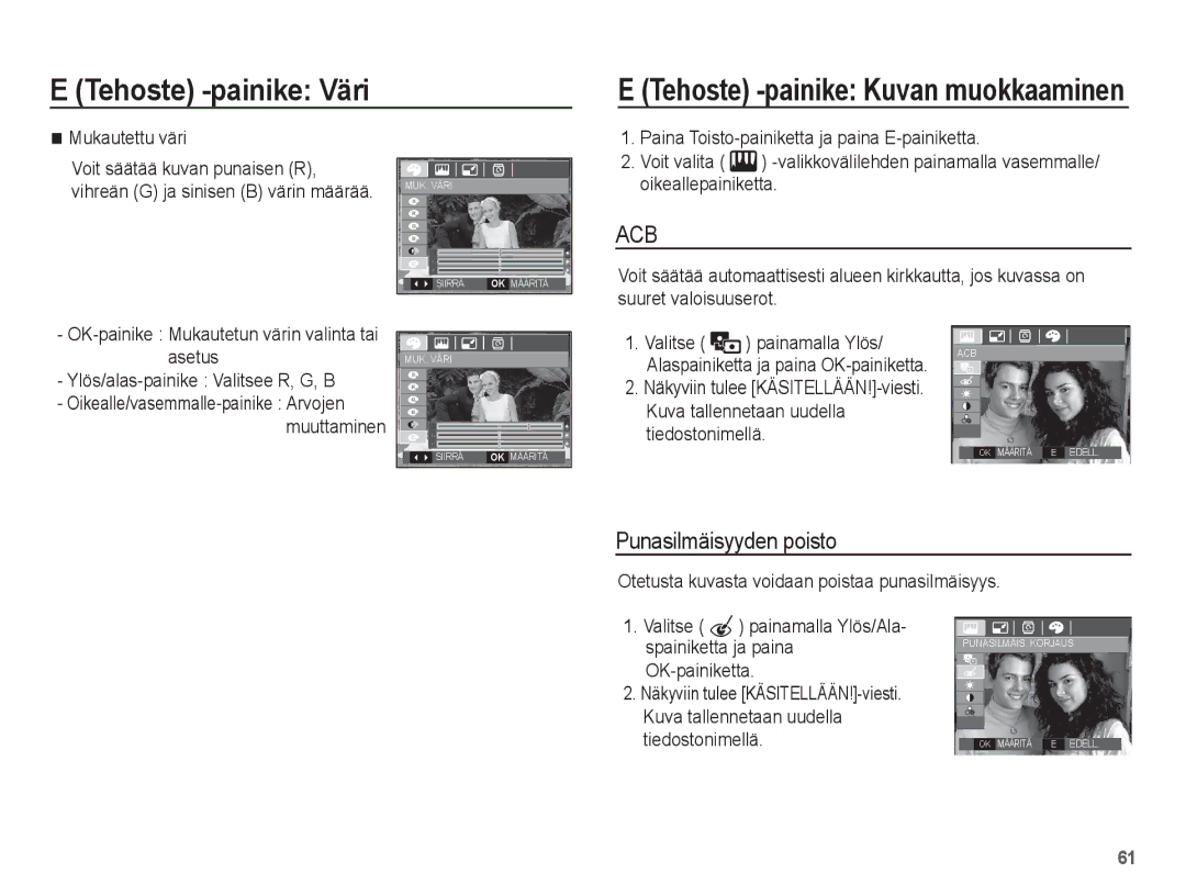 Samsung EC-L201ZSBA/E2, EC-L201ZBBA/E2, EC-L201ZPBA/E2 manual Tehoste -painike Väri, Punasilmäisyyden poisto, Mukautettu väri 