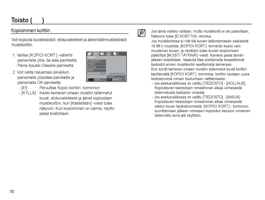 Samsung EC-L201ZPBA/E2 manual Kopioiminen korttiin, Valitse Kopioi KORT. -välilehti, Paina lopuksi Oikealle-painiketta 