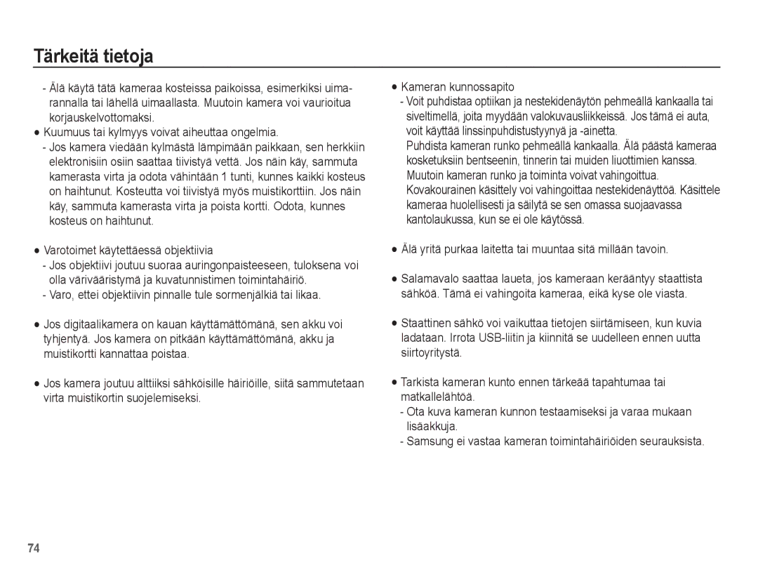 Samsung EC-L201ZBBA/E2 Varotoimet käytettäessä objektiivia, Älä yritä purkaa laitetta tai muuntaa sitä millään tavoin 