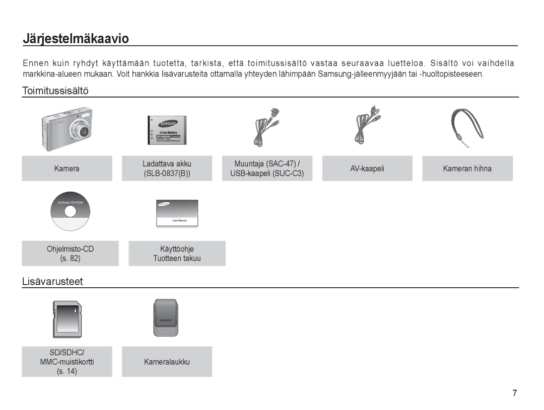 Samsung EC-L201ZEBA/E2, EC-L201ZBBA/E2, EC-L201ZPBA/E2, EC-L201ZSBA/E2 Järjestelmäkaavio, Toimitussisältö, Lisävarusteet 