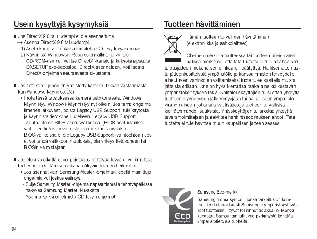 Samsung EC-L201ZBBA/E2, EC-L201ZPBA/E2, EC-L201ZSBA/E2, EC-L201ZEBA/E2 manual Tuotteen hävittäminen, Samsung Eco-merkki 