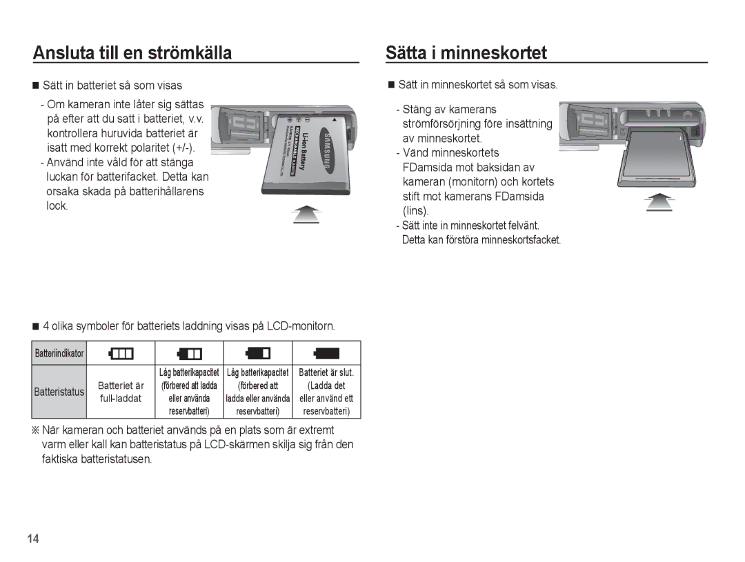 Samsung EC-L201ZBBA/E2, EC-L201ZPBA/E2, EC-L201ZSBA/E2, EC-L201ZEBA/E2 Sätta i minneskortet, Sätt in batteriet så som visas 