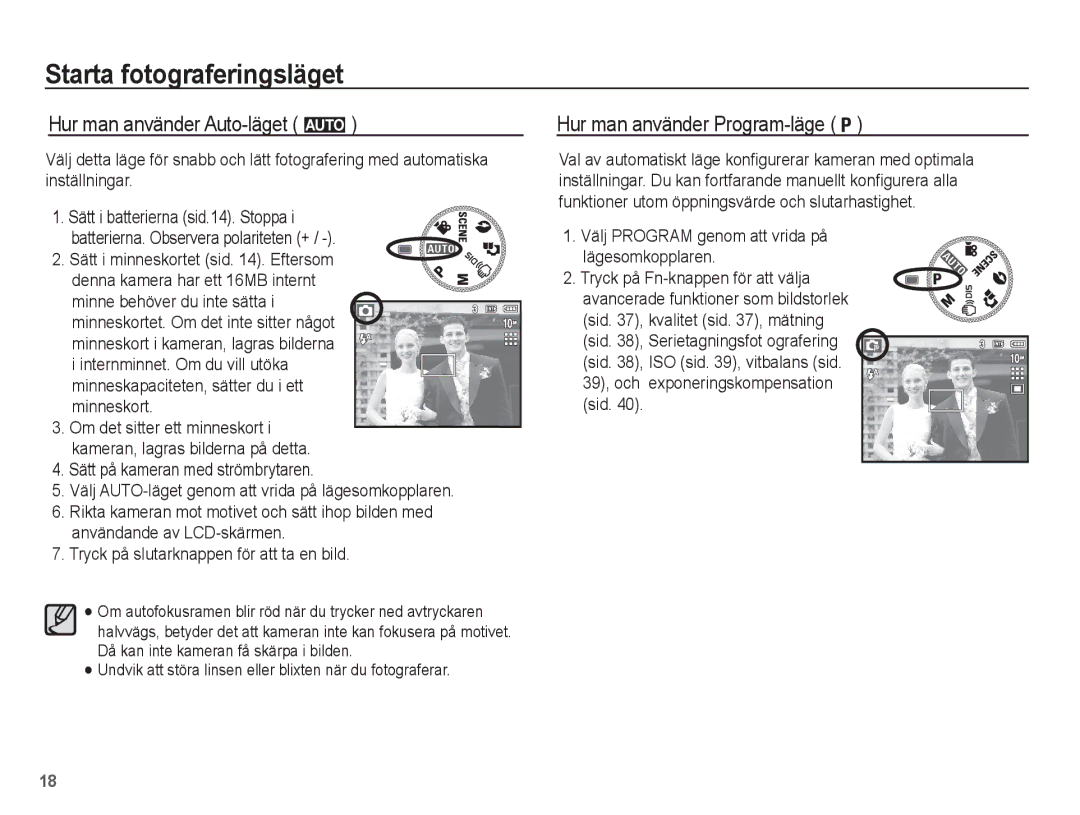 Samsung EC-L201ZUBA/E2 manual Starta fotograferingsläget, Hur man använder Auto-läget μ, Hur man använder Program-läge 