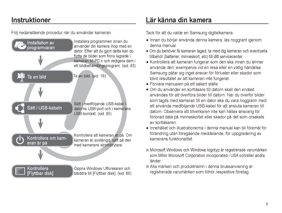 Samsung EC-L201ZSBA/E2 manual Instruktioner, Lär känna din kamera, Följ nedanstående procedur när du använder kameran 