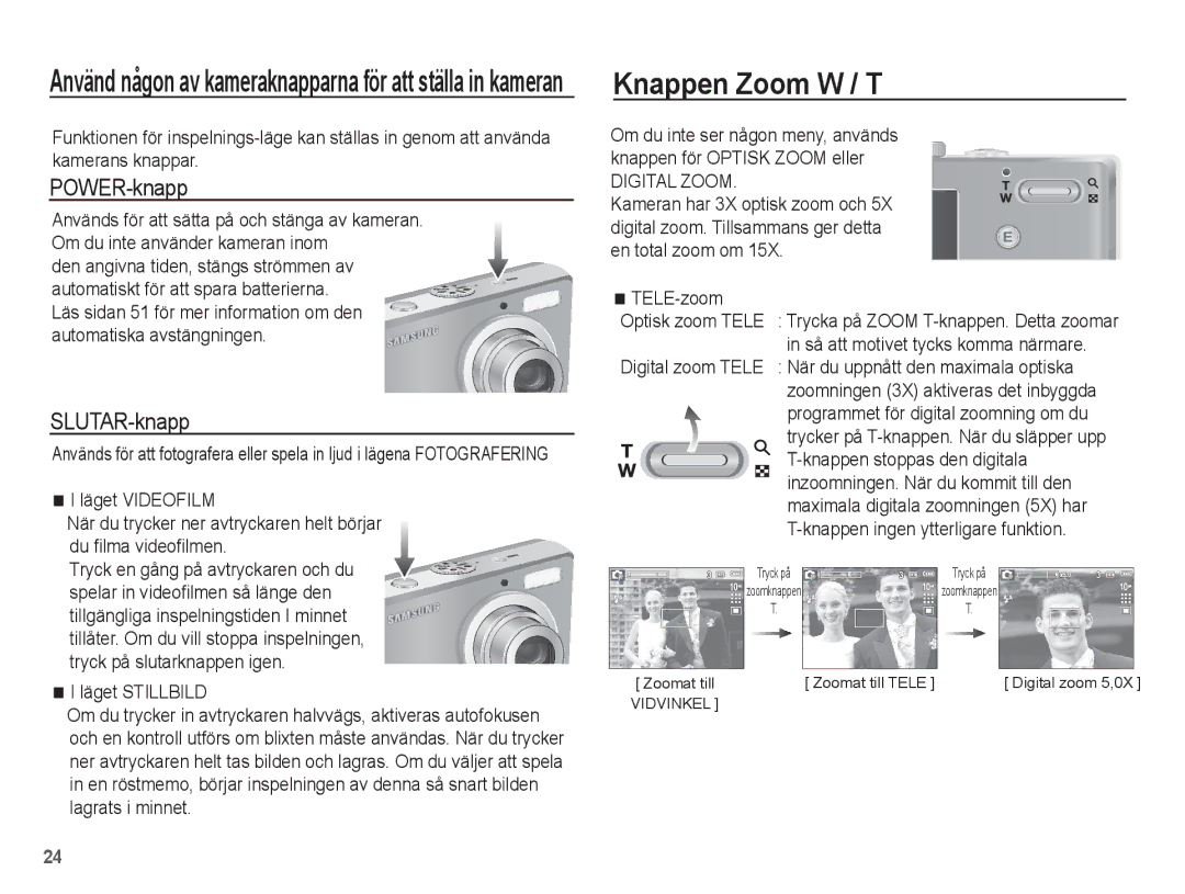 Samsung EC-L201ZBBA/E2, EC-L201ZPBA/E2, EC-L201ZSBA/E2 manual Knappen Zoom W / T, POWER-knapp, SLUTAR-knapp, TELE-zoom 