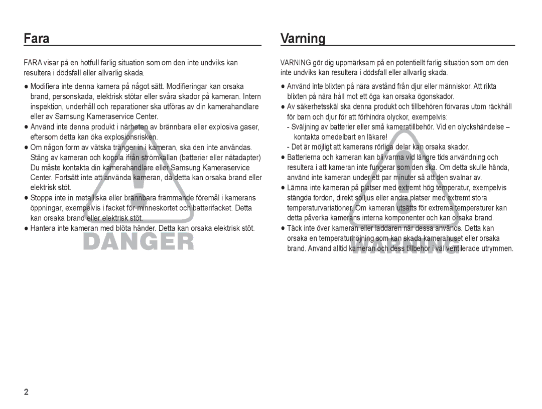 Samsung EC-L201ZEBA/E2, EC-L201ZBBA/E2, EC-L201ZPBA/E2, EC-L201ZSBA/E2, EC-L201ZUBA/E2 manual Fara, Varning 