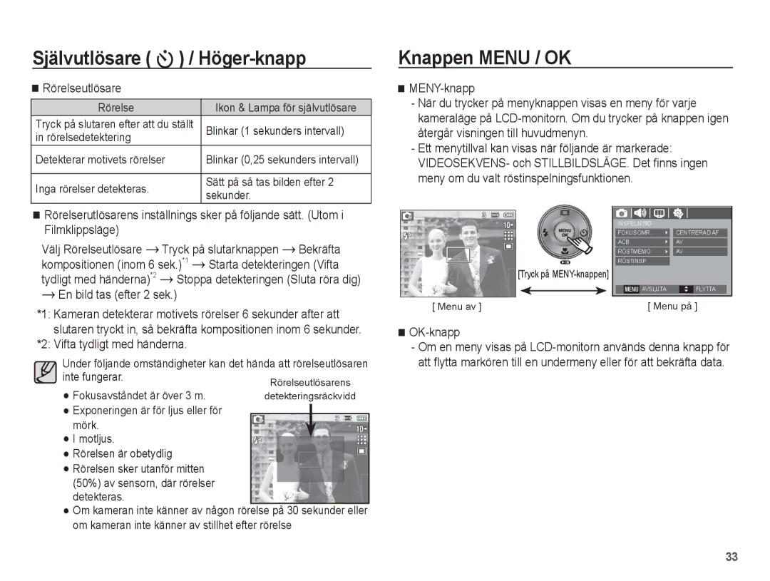 Samsung EC-L201ZUBA/E2 manual Knappen Menu / OK, Välj Rörelseutlösare Tryck på slutarknappen Bekräfta, OK-knapp 