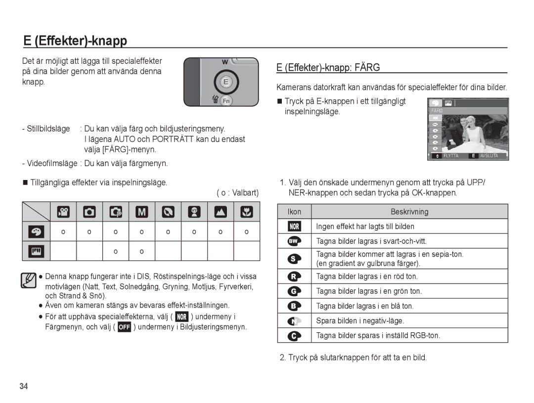 Samsung EC-L201ZBBA/E2 † Š ‰, Effekter-knapp Färg, Valbart, Tryck på E-knappen i ett tillgängligt Inspelningsläge 