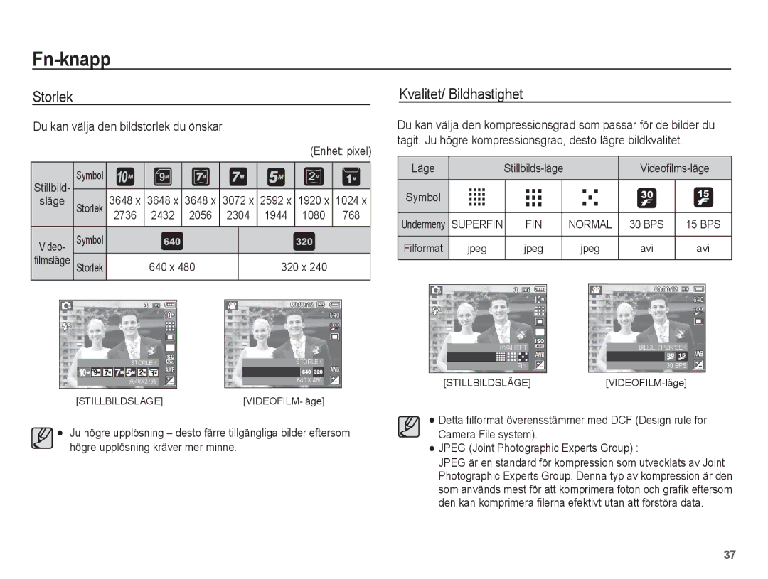 Samsung EC-L201ZEBA/E2, EC-L201ZBBA/E2 manual Storlek, Kvalitet/ Bildhastighet, Du kan välja den bildstorlek du önskar 