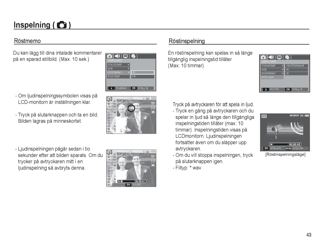 Samsung EC-L201ZUBA/E2, EC-L201ZBBA/E2, EC-L201ZPBA/E2, EC-L201ZSBA/E2, EC-L201ZEBA/E2 manual Röstmemo Röstinspelning 