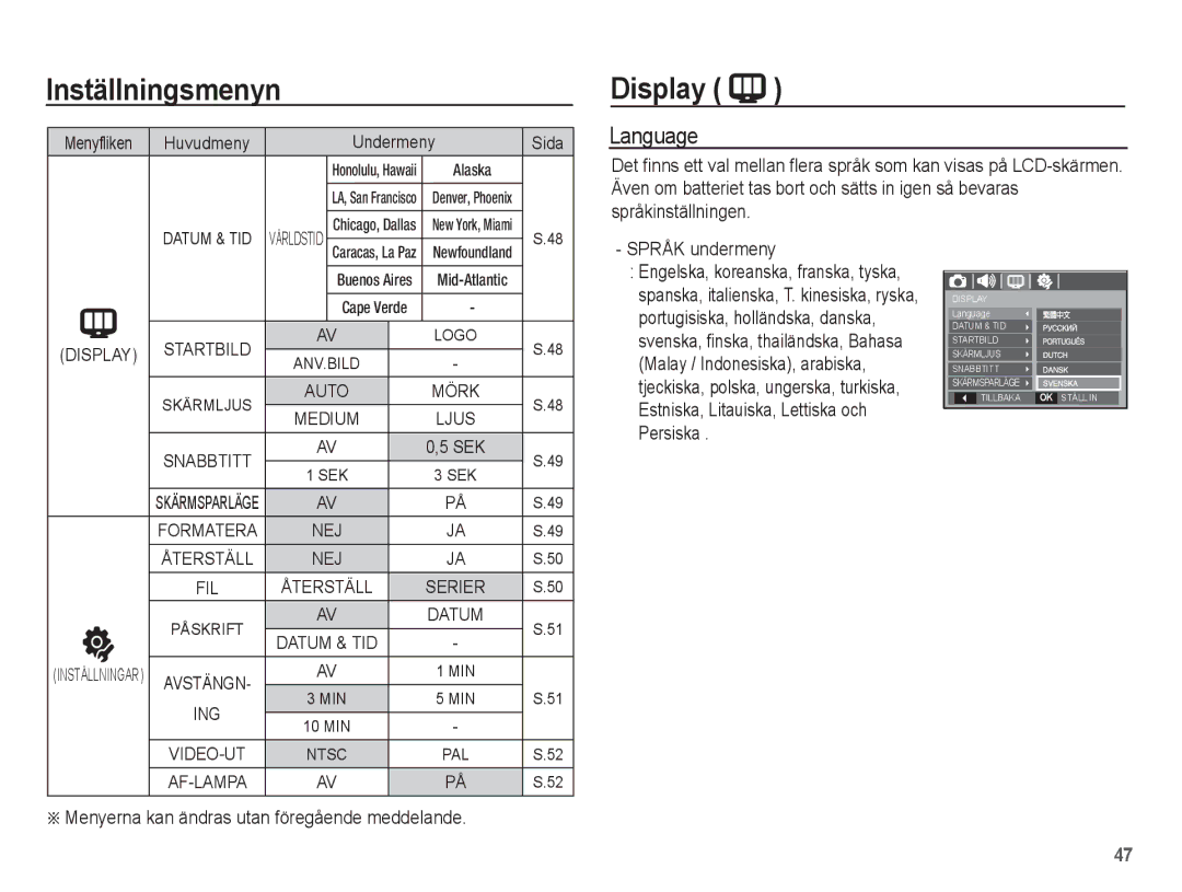 Samsung EC-L201ZEBA/E2, EC-L201ZBBA/E2, EC-L201ZPBA/E2, EC-L201ZSBA/E2 Inställningsmenyn Display, Language, Språk undermeny 