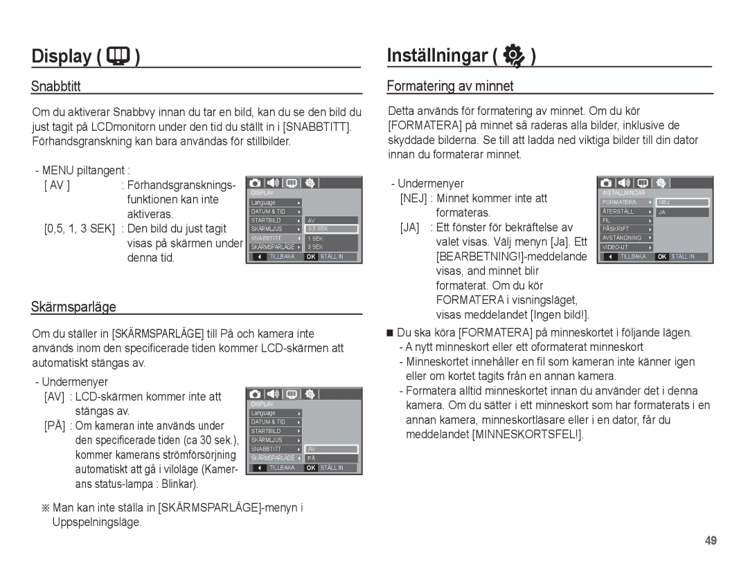 Samsung EC-L201ZBBA/E2, EC-L201ZPBA/E2, EC-L201ZSBA/E2 manual Inställningar, Snabbtitt, Formatering av minnet, Skärmsparläge 