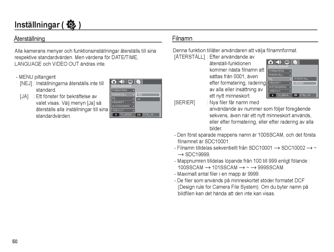 Samsung EC-L201ZPBA/E2, EC-L201ZBBA/E2, EC-L201ZSBA/E2 Återställning, Filnamn, Sättas från 0001, även, Ett nytt minneskort 