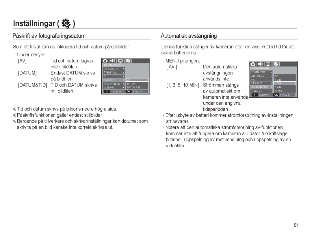 Samsung EC-L201ZSBA/E2, EC-L201ZBBA/E2, EC-L201ZPBA/E2 manual Påskrift av fotograferingsdatum, Automatisk avstängning 