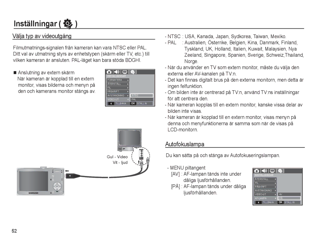 Samsung EC-L201ZEBA/E2 manual Välja typ av videoutgång, Autofokuslampa, PÅ AF-lampan tänds under dåliga ljusförhållanden 