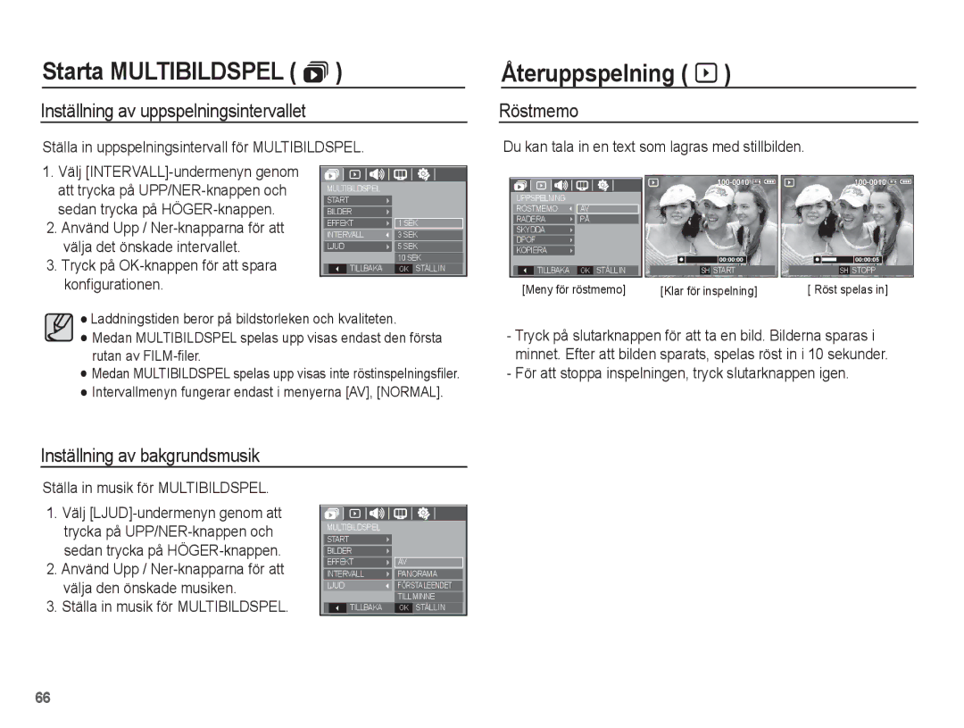 Samsung EC-L201ZSBA/E2 Återuppspelning à, Inställning av uppspelningsintervallet, Röstmemo, Inställning av bakgrundsmusik 