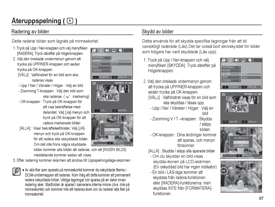 Samsung EC-L201ZEBA/E2, EC-L201ZBBA/E2 manual Radering av bilder, Skydd av bilder, Alla Skydda / släpp alla sparade bilder 