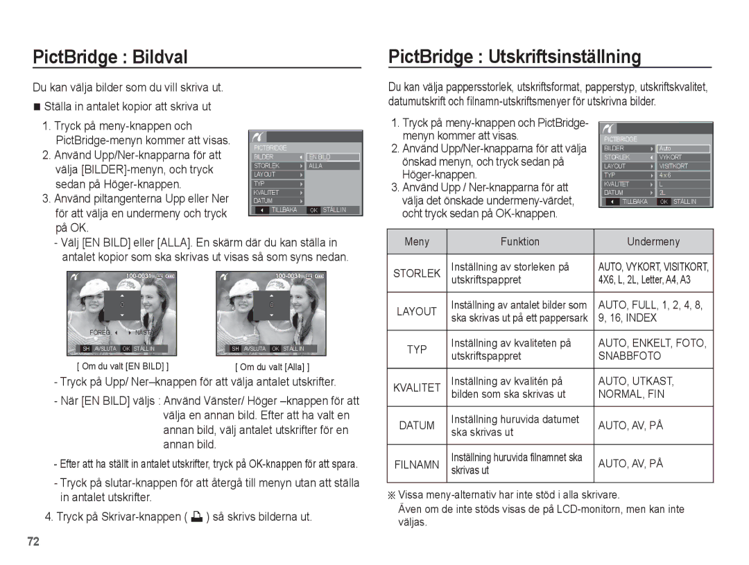 Samsung EC-L201ZEBA/E2, EC-L201ZBBA/E2, EC-L201ZPBA/E2, EC-L201ZSBA/E2 PictBridge Bildval, PictBridge Utskriftsinställning 