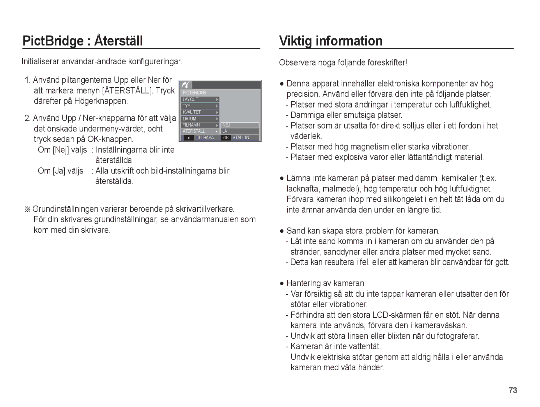 Samsung EC-L201ZUBA/E2, EC-L201ZBBA/E2, EC-L201ZPBA/E2 PictBridge Återställ, Viktig information, Tryck sedan på OK-knappen 