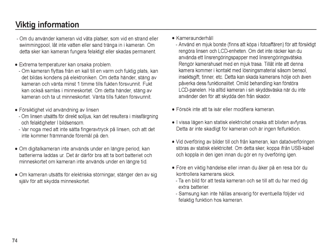 Samsung EC-L201ZBBA/E2 manual Extrema temperaturer kan orsaka problem, Försök inte att ta isär eller modifiera kameran 