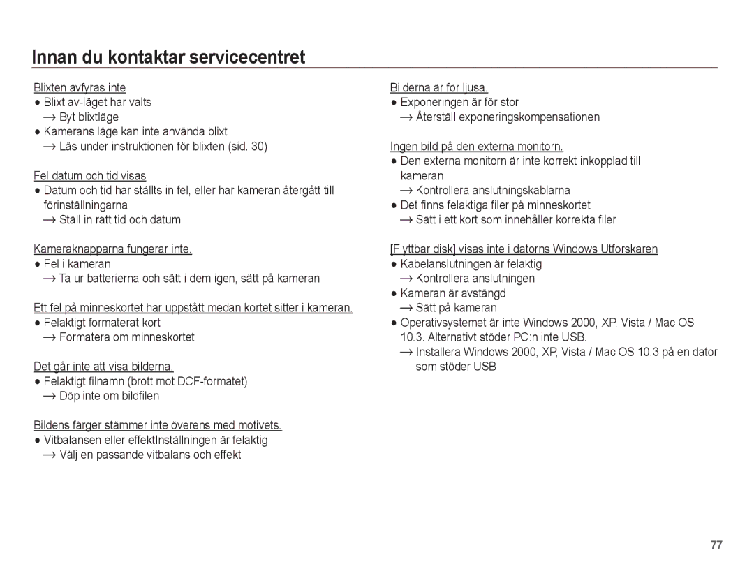 Samsung EC-L201ZEBA/E2, EC-L201ZBBA/E2, EC-L201ZPBA/E2, EC-L201ZSBA/E2 manual Kontrollera anslutningen Kameran är avstängd 