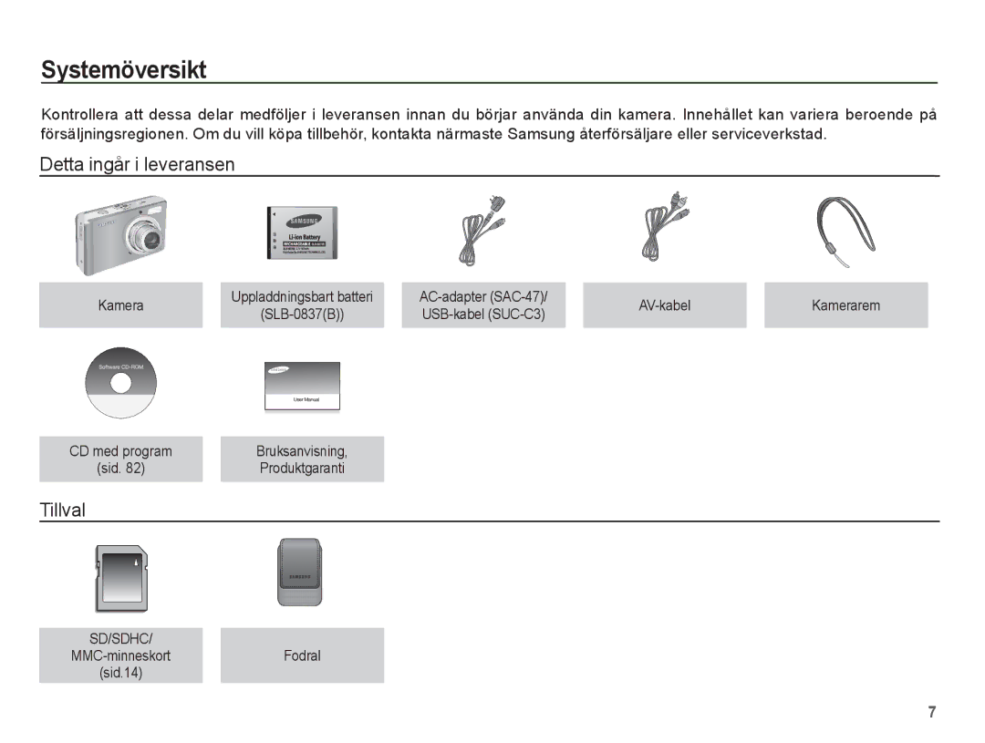 Samsung EC-L201ZEBA/E2, EC-L201ZBBA/E2, EC-L201ZPBA/E2, EC-L201ZSBA/E2 Systemöversikt, Detta ingår i leveransen, Tillval 