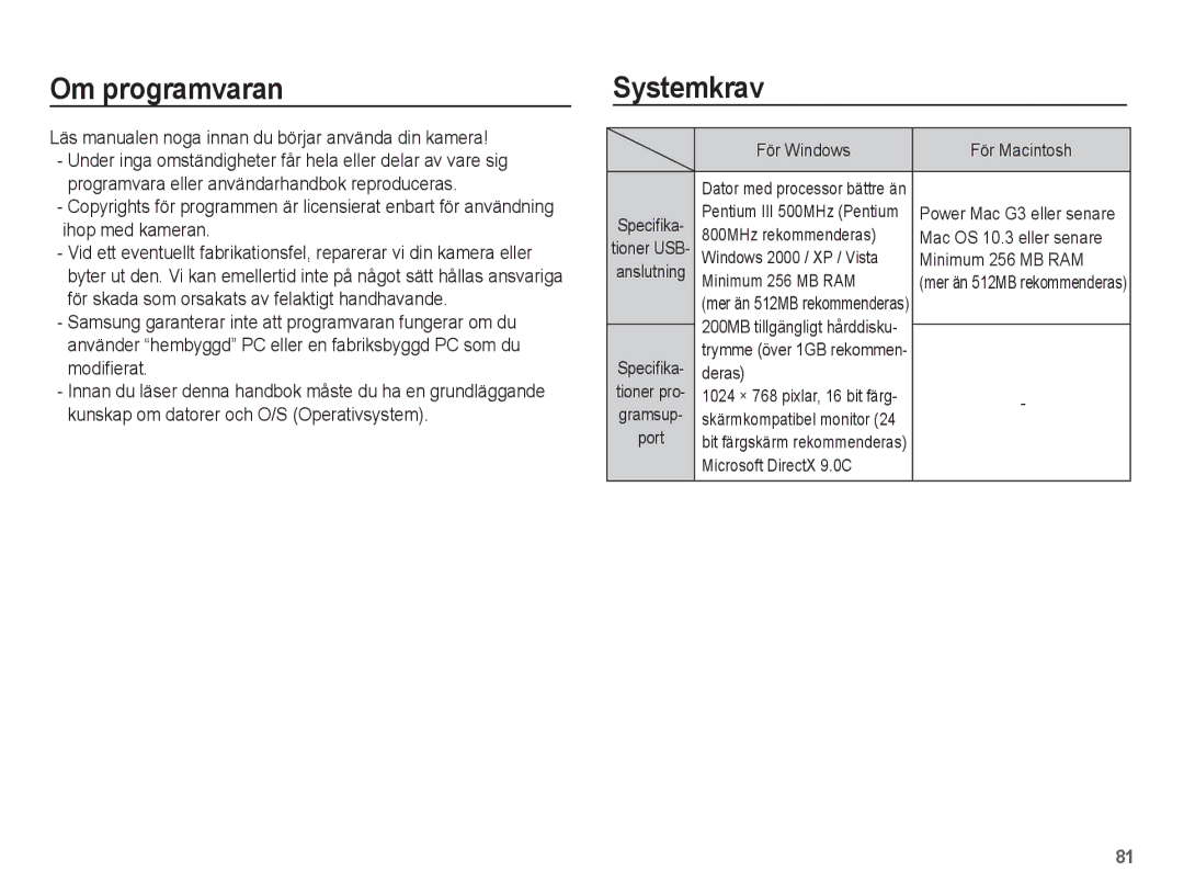 Samsung EC-L201ZSBA/E2, EC-L201ZBBA/E2 Om programvaran, Systemkrav, Läs manualen noga innan du börjar använda din kamera 