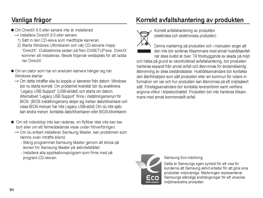 Samsung EC-L201ZBBA/E2, EC-L201ZPBA/E2, EC-L201ZSBA/E2 manual Korrekt avfallshantering av produkten, Samsung Eco-märkning 