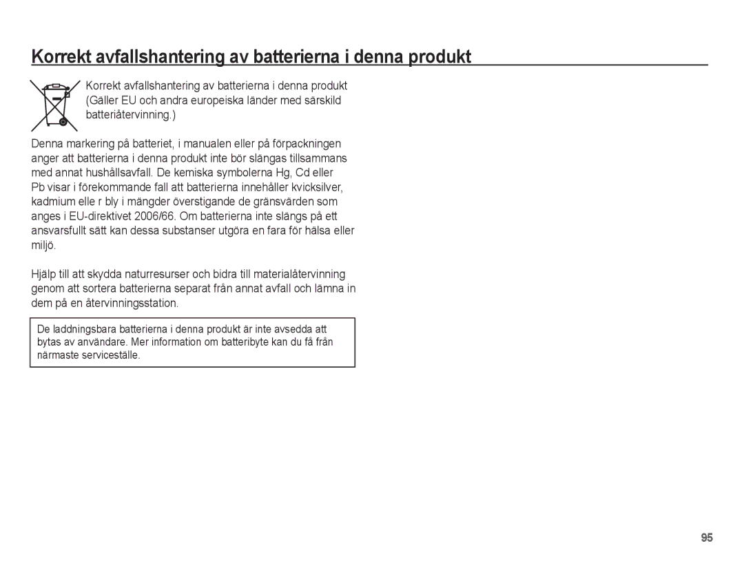 Samsung EC-L201ZPBA/E2, EC-L201ZBBA/E2, EC-L201ZSBA/E2 manual Korrekt avfallshantering av batterierna i denna produkt 