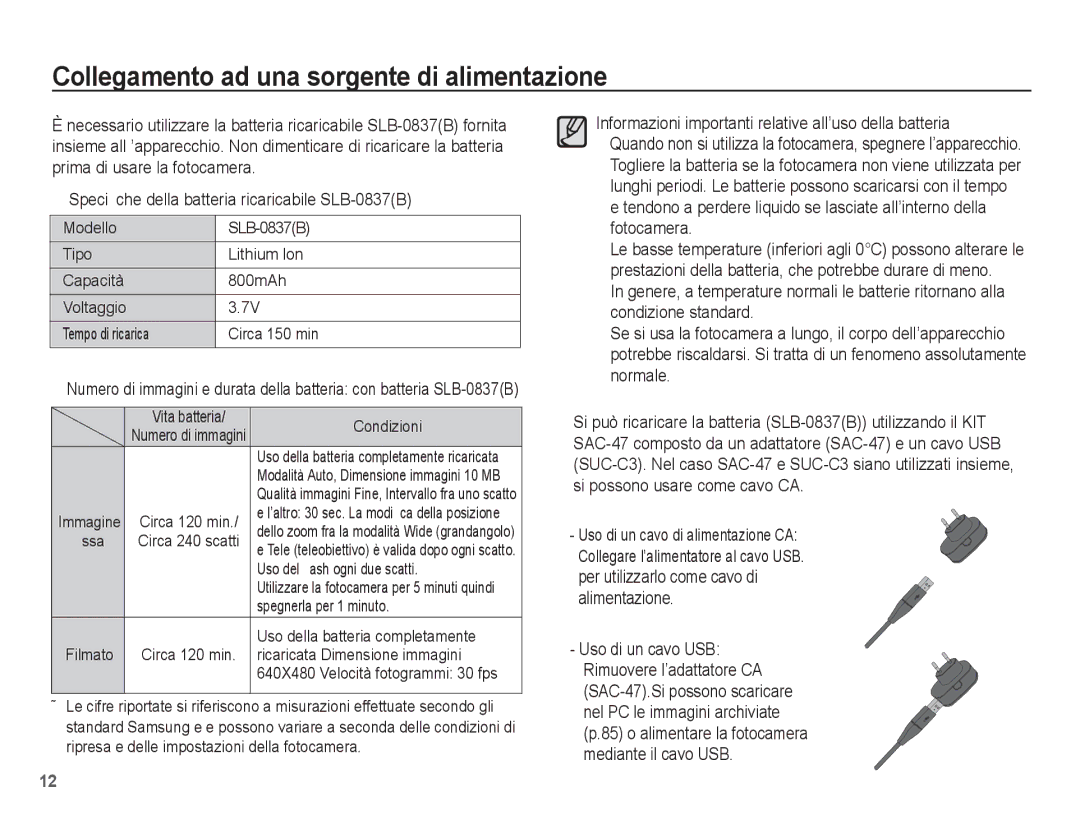 Samsung EC-L201ZBBB/IT Collegamento ad una sorgente di alimentazione, Speciﬁche della batteria ricaricabile SLB-0837B 