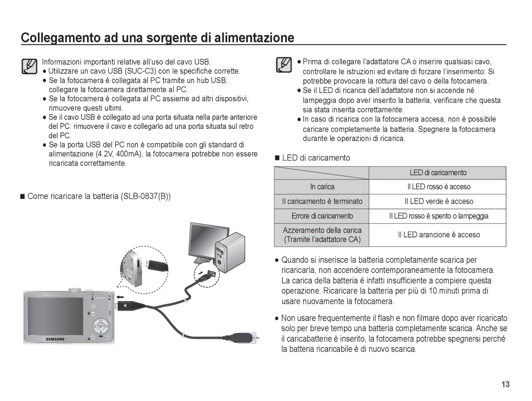 Samsung EC-L201ZEBC/IT, EC-L201ZBBC/IT, EC-L201ZEBB/IT manual Come ricaricare la batteria SLB-0837B, LED di caricamento 