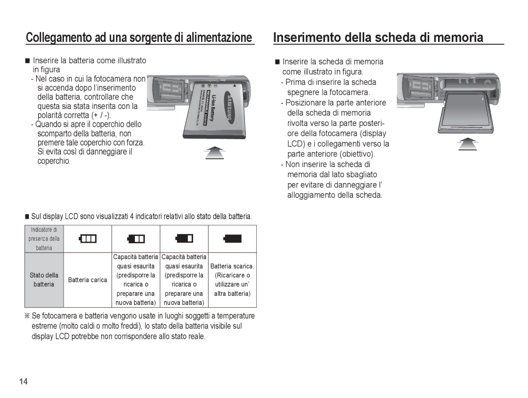 Samsung EC-L201ZBBC/IT, EC-L201ZEBB/IT Inserimento della scheda di memoria, Inserire la batteria come illustrato in ﬁgura 