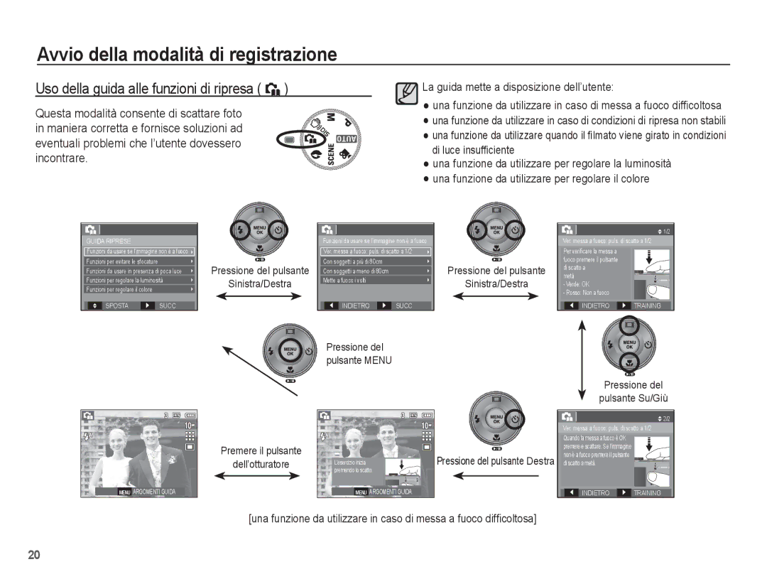 Samsung EC-L201ZPBC/IT manual Uso della guida alle funzioni di ripresa `, Sinistra/Destra, Pressione del Pulsante Su/Giù 