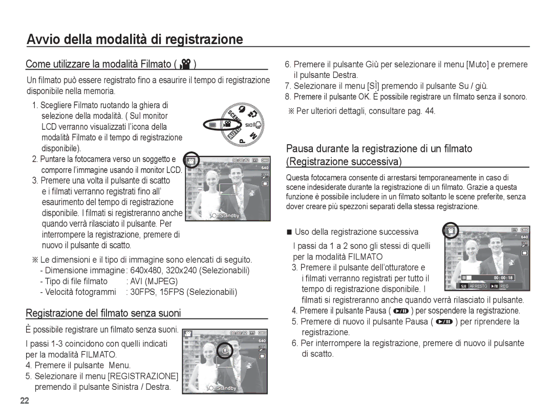 Samsung EC-L201ZSBB/IT manual Come utilizzare la modalità Filmato ´, Registrazione del ﬁlmato senza suoni, AVI Mjpeg 