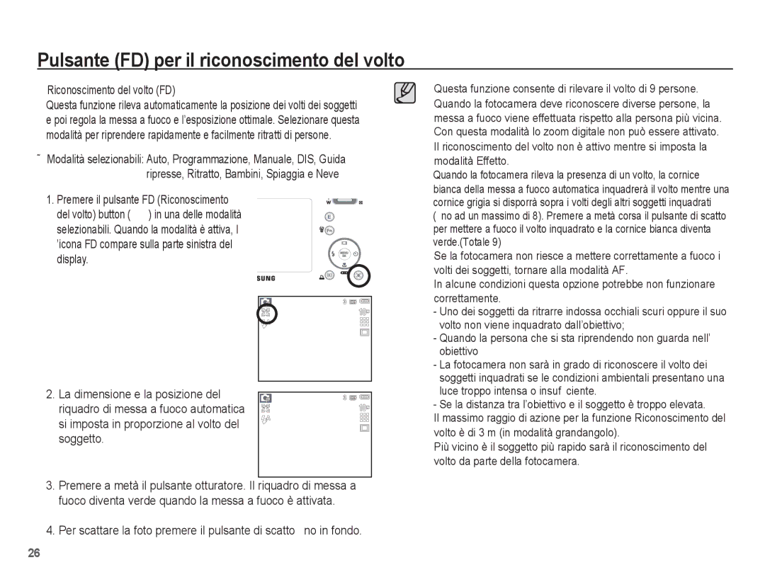 Samsung EC-L201ZSBA/IT, EC-L201ZBBC/IT manual Pulsante FD per il riconoscimento del volto, Riconoscimento del volto FD 