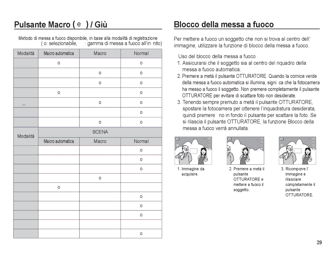 Samsung EC-L201ZBBC/IT, EC-L201ZEBB/IT, EC-L201ZUBA/IT, EC-L201ZPBB/IT manual Blocco della messa a fuoco, Macro Normal 