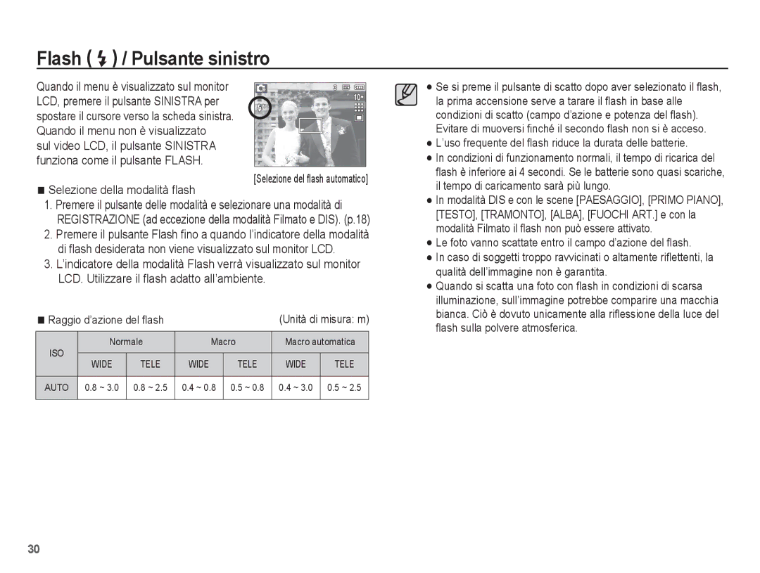 Samsung EC-L201ZEBB/IT manual Flash / Pulsante sinistro, Selezione della modalità ﬂash, Selezione del ﬂash automatico 