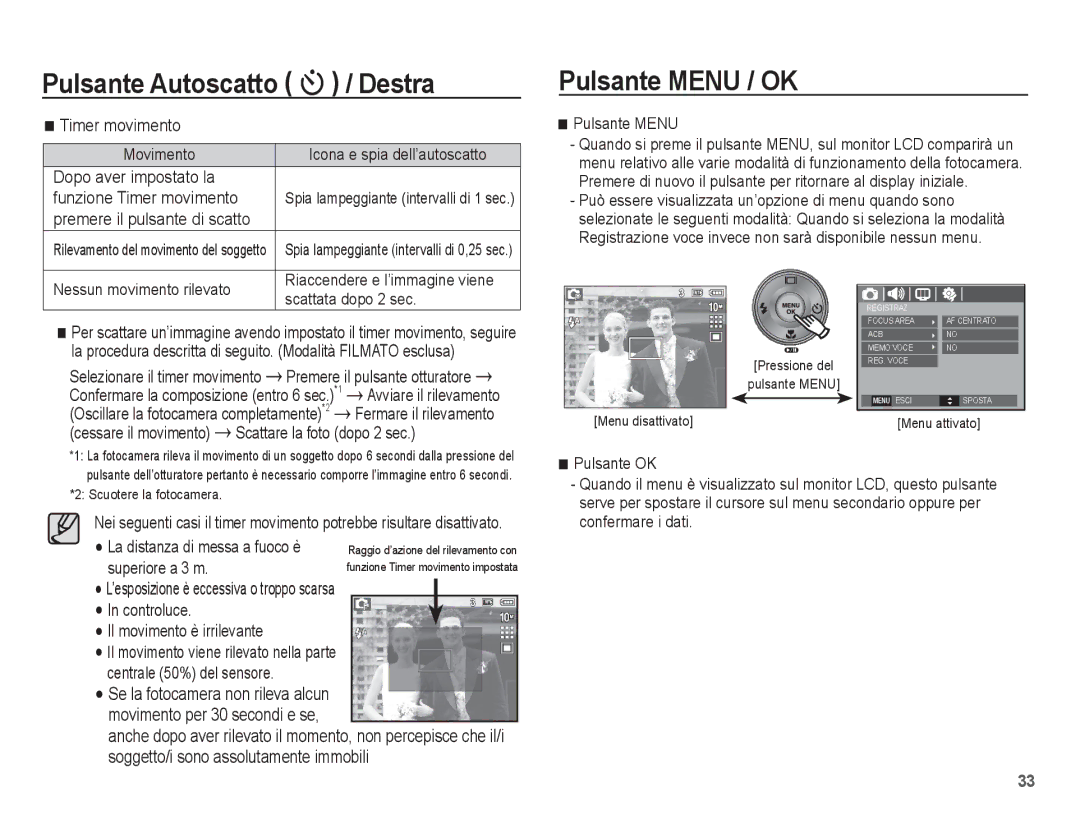 Samsung EC-L201ZPBA/IT, EC-L201ZBBC/IT manual Pulsante Menu / OK, Dopo aver impostato la Funzione Timer movimento 