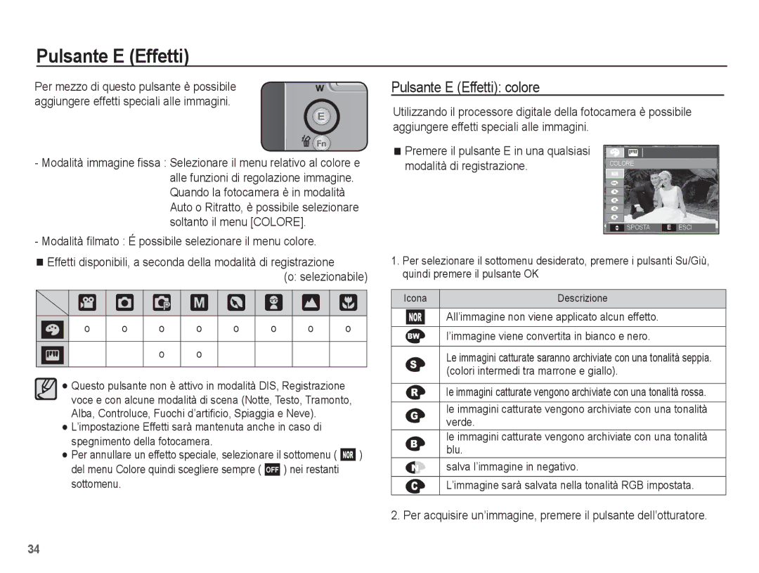 Samsung EC-L201ZUBC/IT, EC-L201ZBBC/IT, EC-L201ZEBB/IT, EC-L201ZUBA/IT, EC-L201ZPBB/IT † Š ‰, Pulsante E Effetti colore 