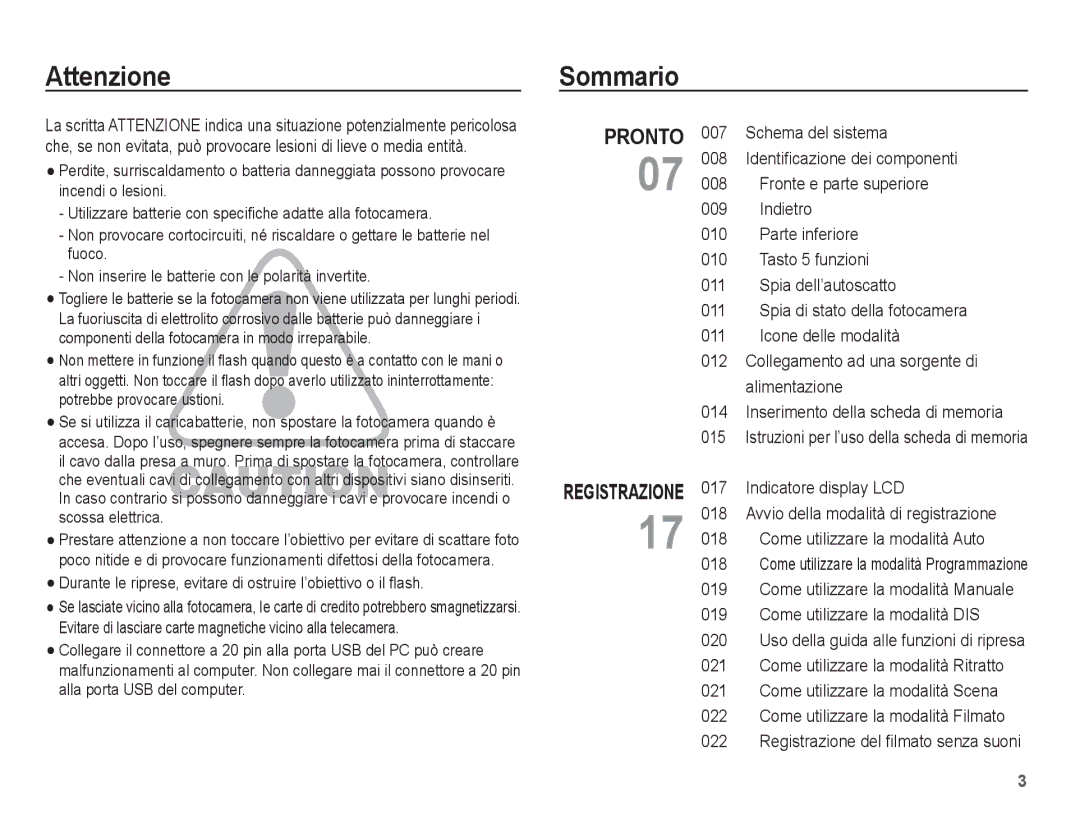 Samsung EC-L201ZPBA/IT, EC-L201ZBBC/IT, EC-L201ZEBB/IT, EC-L201ZUBA/IT, EC-L201ZPBB/IT, EC-L201ZUBC/IT Attenzione, Sommario 