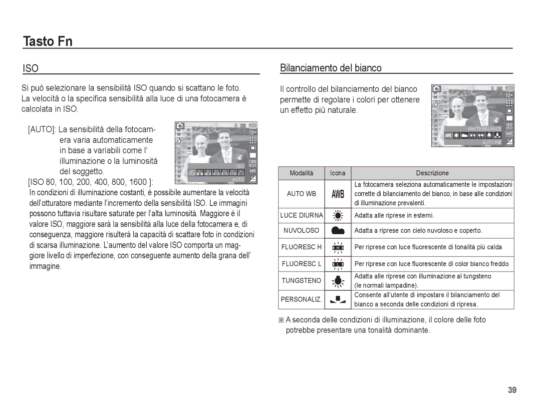 Samsung EC-L201ZEBA/IT, EC-L201ZBBC/IT, EC-L201ZEBB/IT Bilanciamento del bianco, Del soggetto, ISO 80, 100, 200, 400, 800 