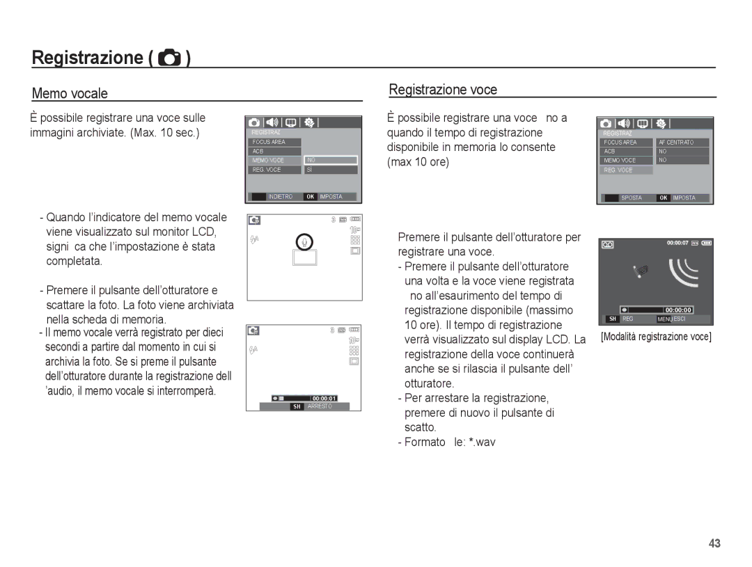 Samsung EC-L201ZEBC/IT, EC-L201ZBBC/IT manual Memo vocale Registrazione voce, Nella scheda di memoria, Formato ﬁle *.wav 