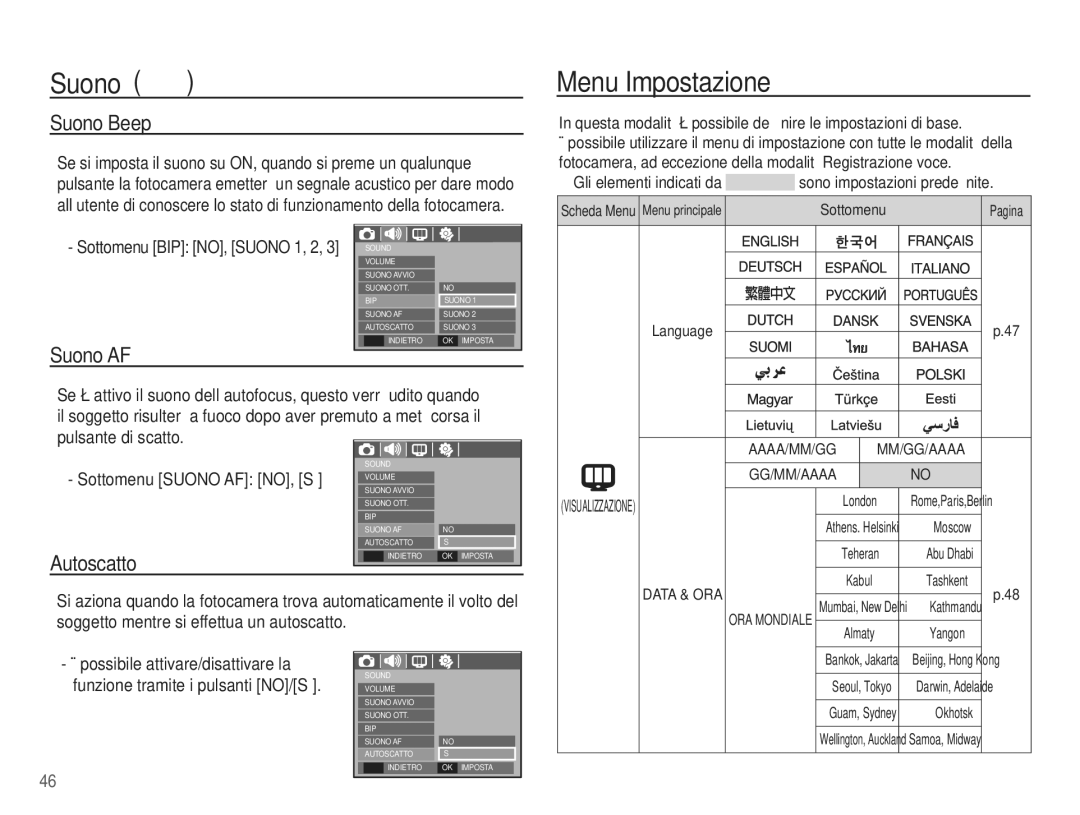 Samsung EC-L201ZUBA/IT, EC-L201ZBBC/IT, EC-L201ZEBB/IT, EC-L201ZPBB/IT Menu Impostazione, Suono Beep, Suono AF, Autoscatto 