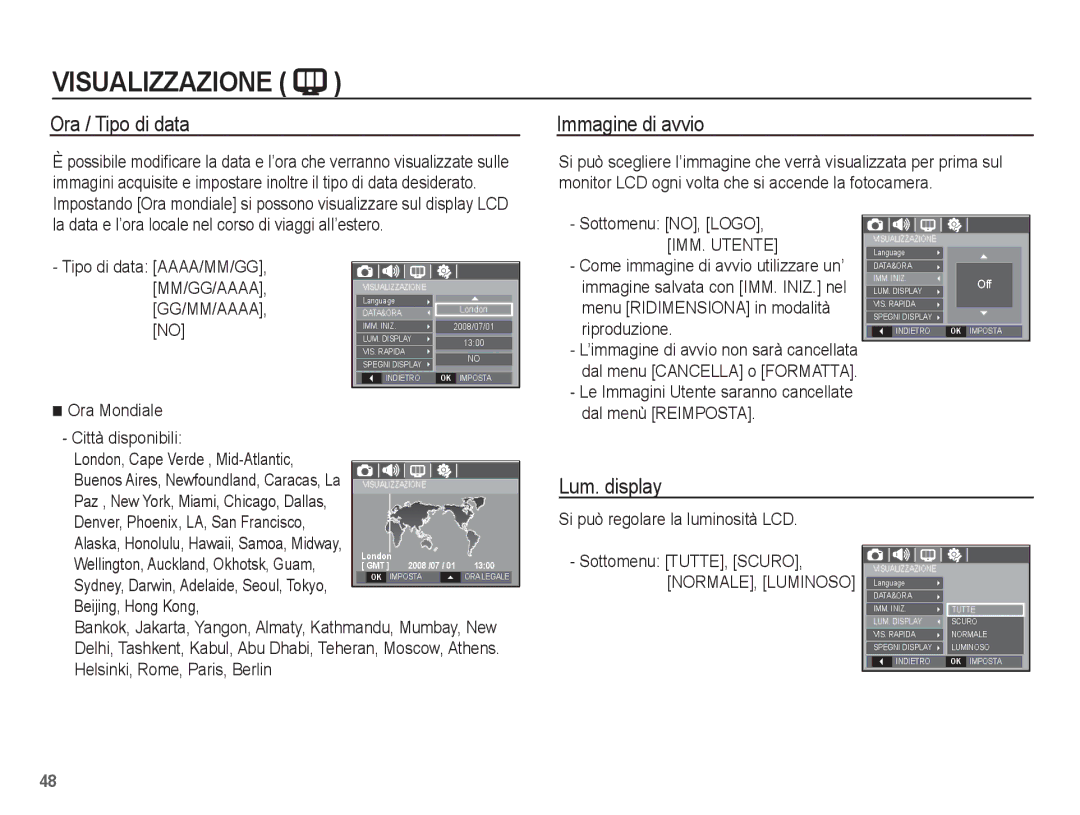 Samsung EC-L201ZPBA/IT, EC-L201ZBBC/IT, EC-L201ZEBB/IT Ora / Tipo di data, Immagine di avvio, Lum. display, IMM. Utente 